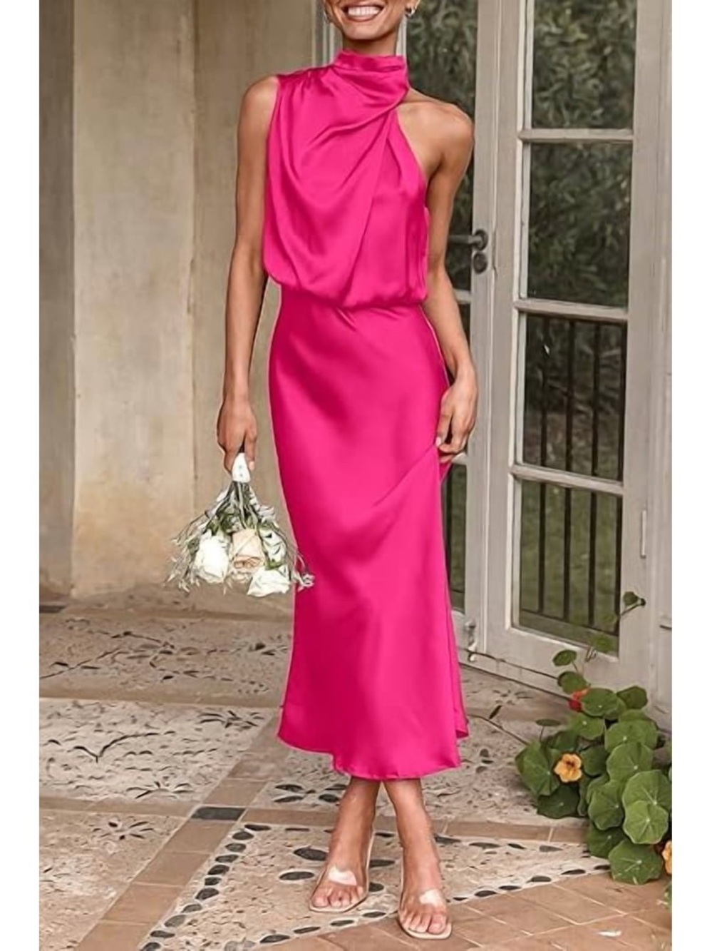 Sleeveless High-Neck Midi Dress in Hot Pink